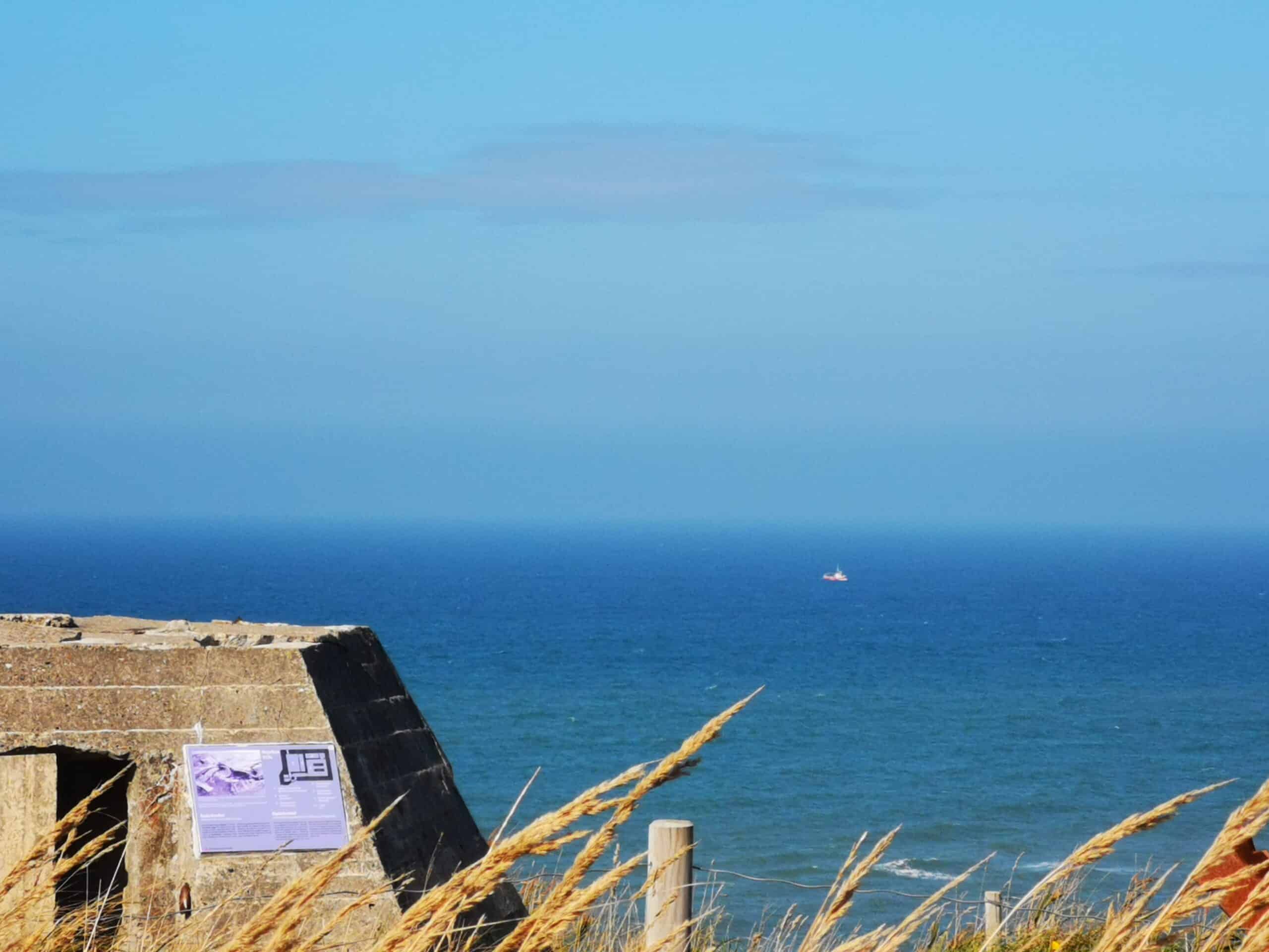 Ein Schild auf einem Hügel mit Blick auf den Ozean und in der Ferne ein Boot.